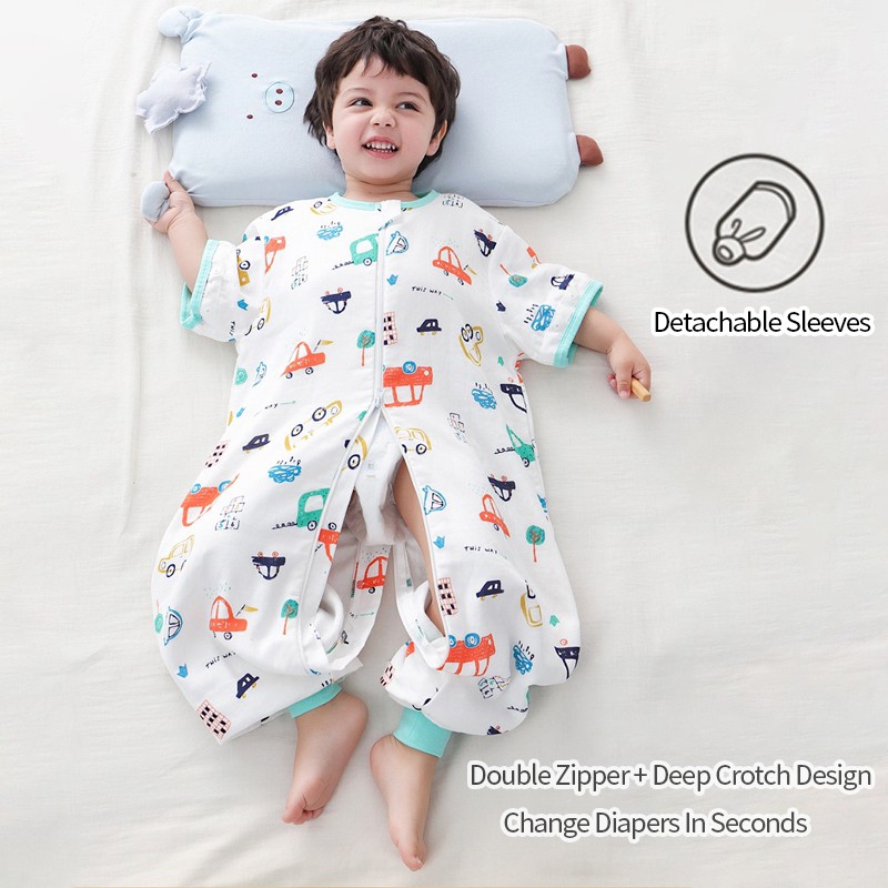 Cartoon Baby Sleeping Bag Kids Pajamas Double Gauze Pure Cotton Long Sleeve Children Zip Sleeping Bag Spring Summer for 1-5Y