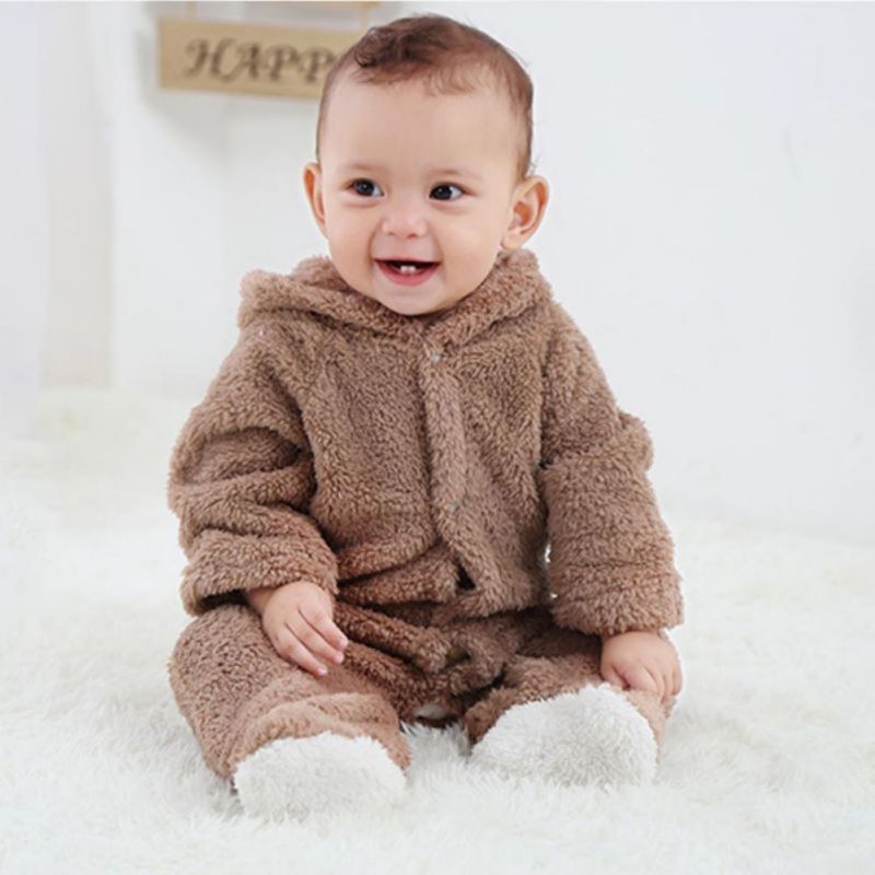 Winter Flannel Baby Boy Cartoon Animal 3D Bear Ear Warm Jumpsuit Newborn Baby Clothes Infant Romper 0-12M