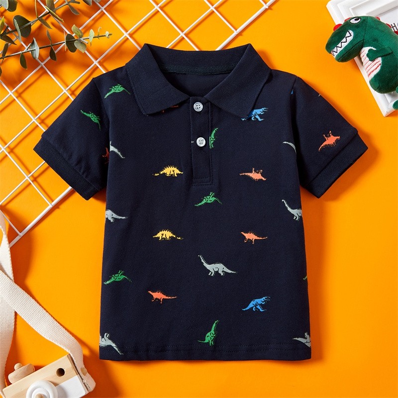 Summer Children Boys Clothes Tops Kids Label T-shirt Cartoon Dinosaur Print Short Sleeve Polo Shirt 2-7Y