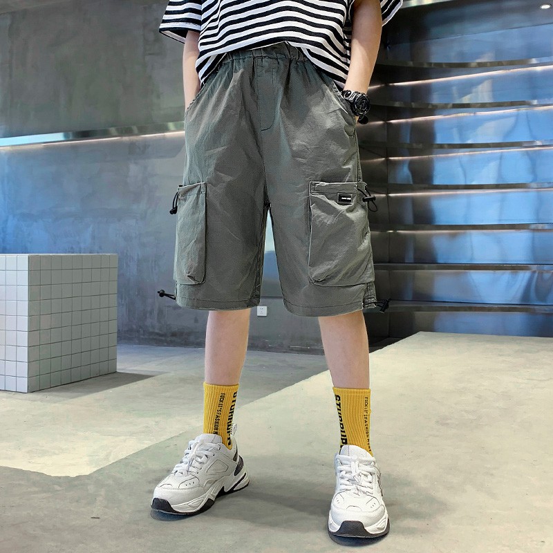 Boys Casual Loose Pants Chic Pockets Patchwork Cargo Knee Length Short Pants Fashion Running Elastic Waist All-match Streetwear