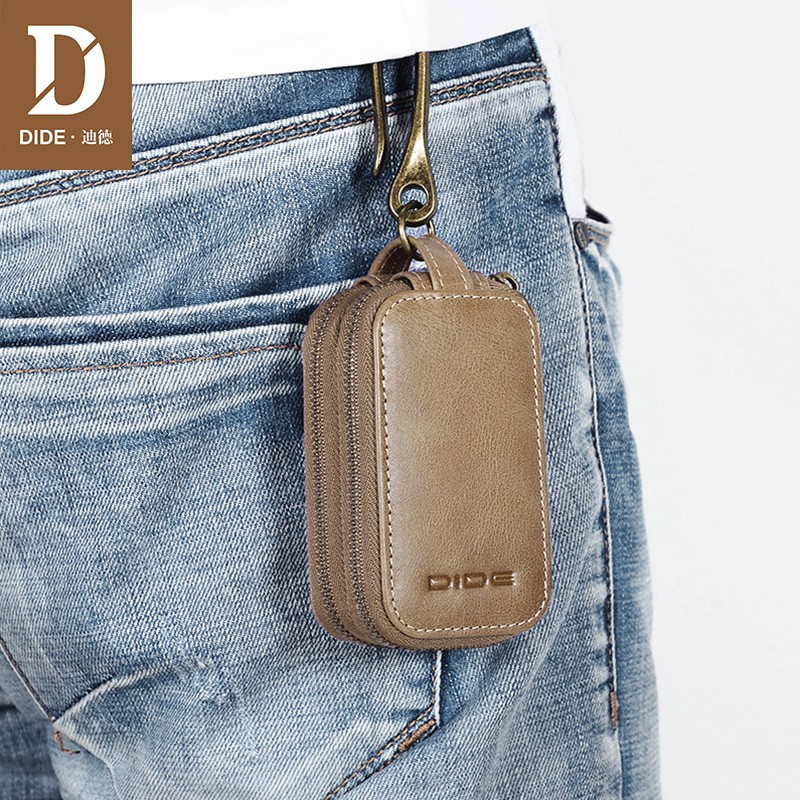 DIDE Vintage Car Genuine Leather Mini Key Bag Coin Purse Wallets Men Women Keys Organizer Keychain Double Zipper Key Cover