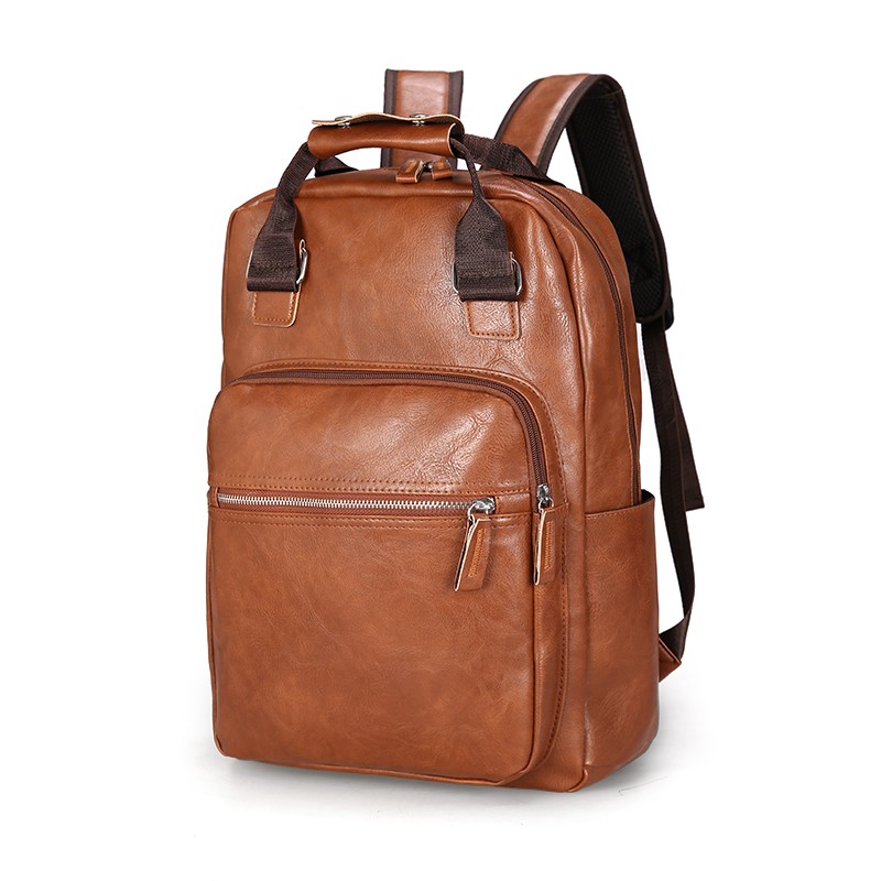 Men's PU Leather Backpack Large Laptop Backpack Casual School Bag For Teenagers Boys Brown Black