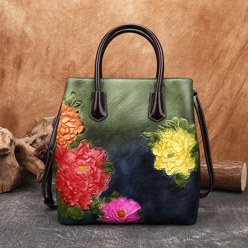 MOTAORA Retro Women Bag Vintage Bucket Shoulder Bags for Women 2022 New Handmade Embossed Leather Handbag Floral Tote Bag Female