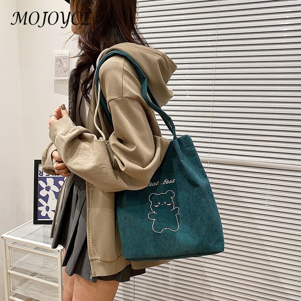 Retro female shoulder bag creative bear print design casual corduroy shoulder bag women large capacity bags