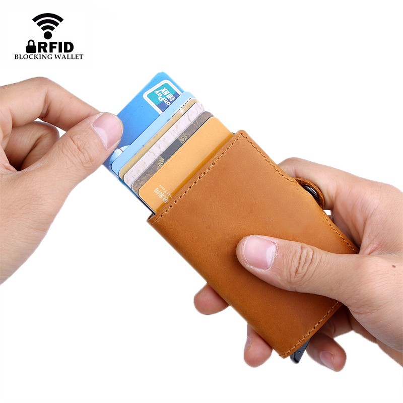 Genuine Leather Men Wallet Small Wallet With Rfid Lock Aluminum Card Holder Slim Male Wallet