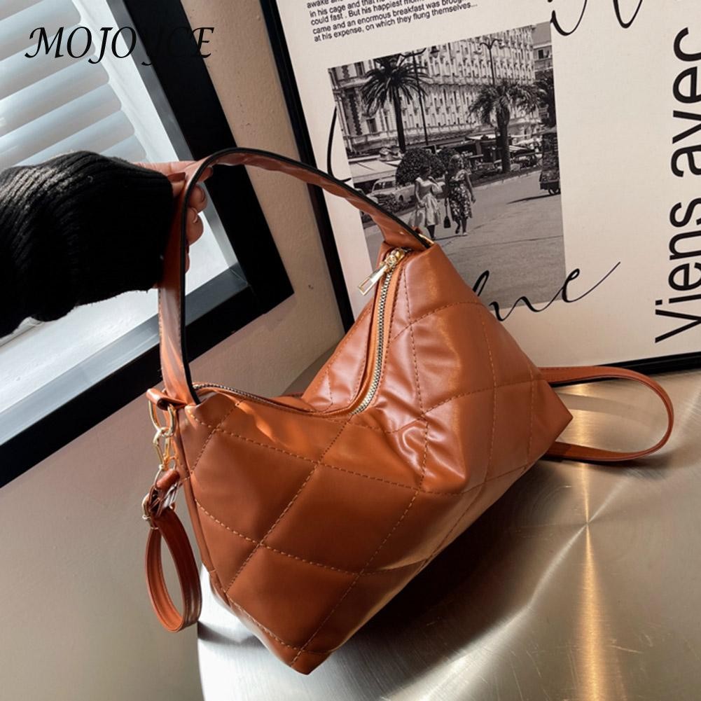 Embroidery Thread PU Leather Crossbody Tote Female Lattice Trending Handbag Women Vintage Zipper Travel Handbag