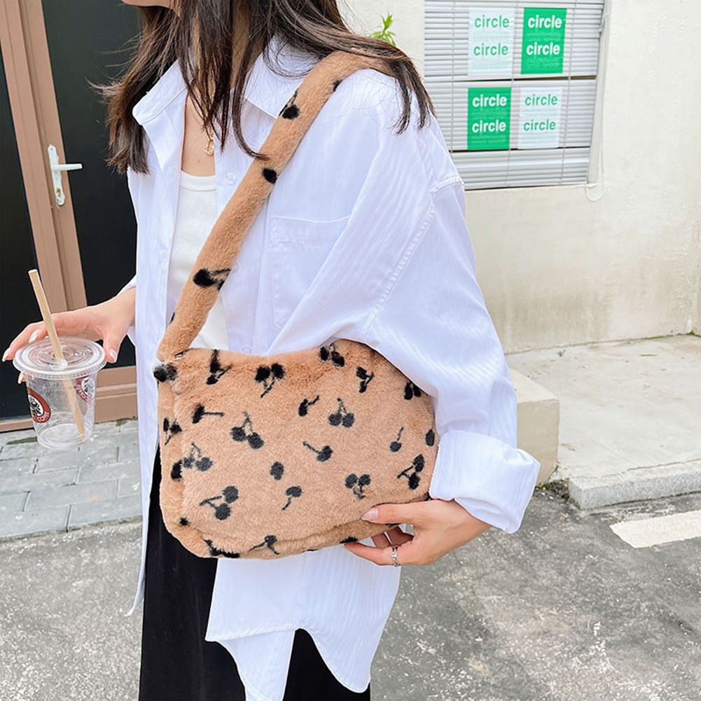 Exquisite Women's Bag Plush Cherry Pattern Printing Shoulder Underarm Bag Fashion Autumn Winter Ladies Large Capacity Handbags