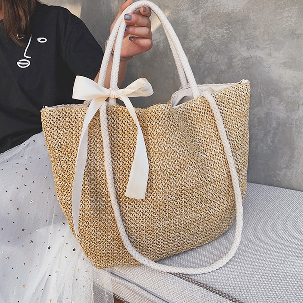 Women's handmade woven straw bag shoulder bag with bow large capacity rattan handle bag female summer beach casual handbag