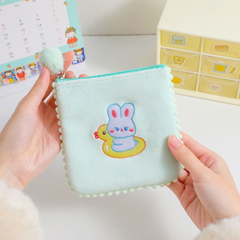 Cute Women Bag Sanitary Napkins Flannel Girls Coin Purse Sweet Embroidery Animals Card Case Holder Storage Female Money Bag