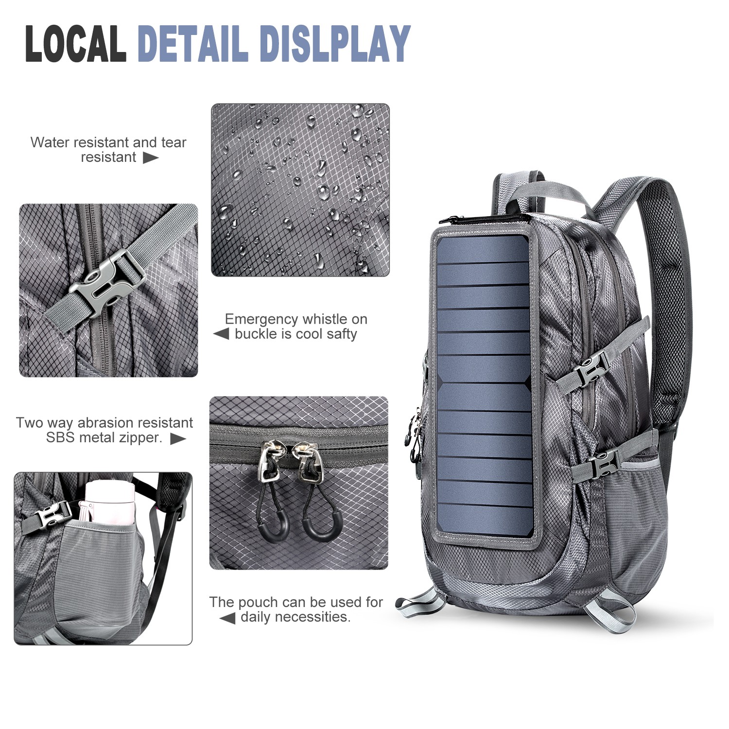 Foldable solar panel backpack camping bag with 5V power supply 6.5W solar panel for charging mobile phones