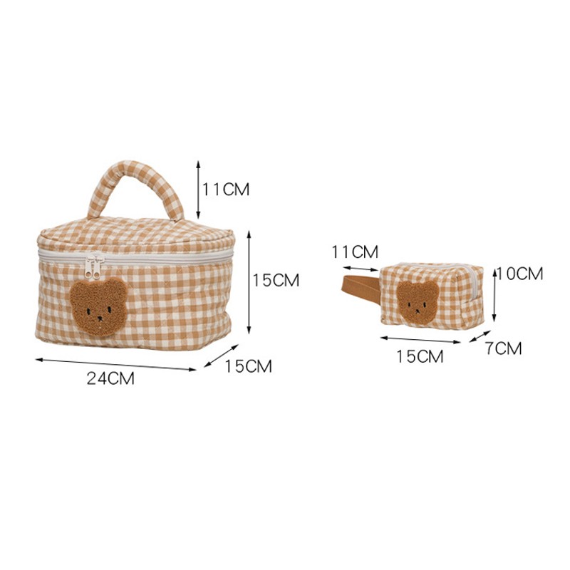 Cute Khaki Bear Makeup Bag Large Capacity Portable Cosmetic Bags Zipper Pure Cotton Plaid Brushes Pouch Case For Women Girls