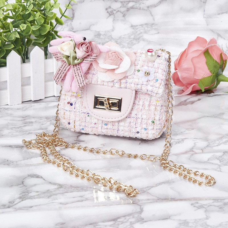 Sequin Bag for Girls, Princess Bag, Pearl, Floral Pattern, Sequin Shoulder Bag