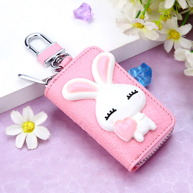 2022 New Korean Key Holder Cowhide Women Housekeeper Key Wallet Cartoon Rabbit Creative Gift Key Organizer Car Key Bag