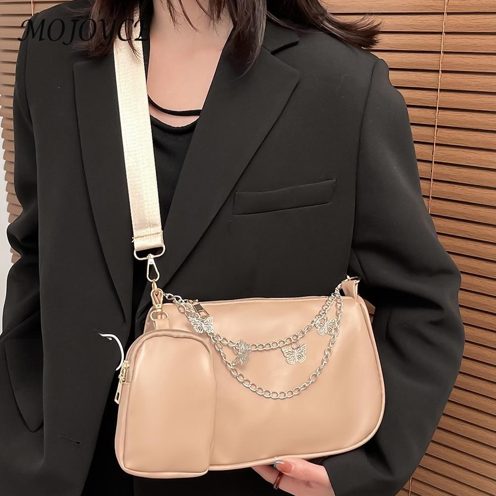 Elegant Women's Shoulder Bag PU Leather Pure Color Underarm Fashion Bags Ladies Butterfly Chain Travel Handbag