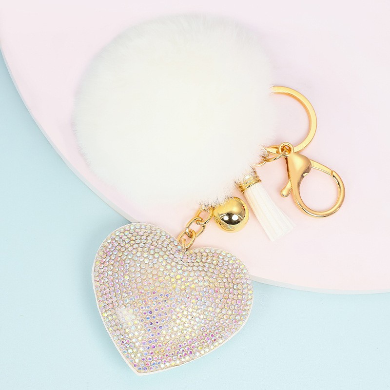 Rhinestone Pompom Heart Keychain Ladies Bag Hanging Room Car Pendant Decoration