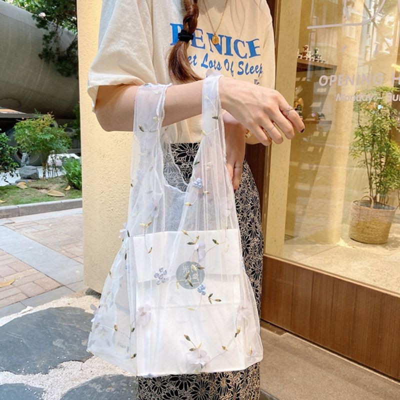 Women's Multifunctional Mesh Canvas Bag Large Capacity Tote Bag Floral Embroidery Shopping Bag Reusable Organizer