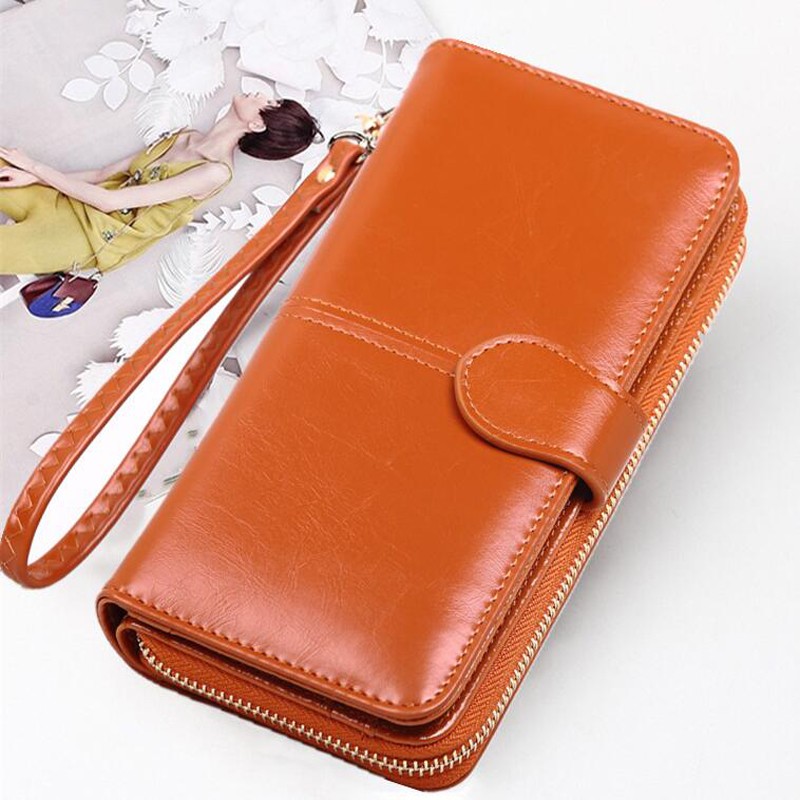 Leather Women Long Zipper Oil Wax Wallet Large Capacity Zipper Clip Wallet Ladies Long Wristlet Clutch Coin Card Holder Portomonee