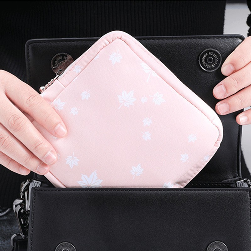 Women Portable Sanitary Napkin Storage Bag Cotton Travel Makeup Bag Printed Literary Zipper Purse Sundries Cosmetic Organizer