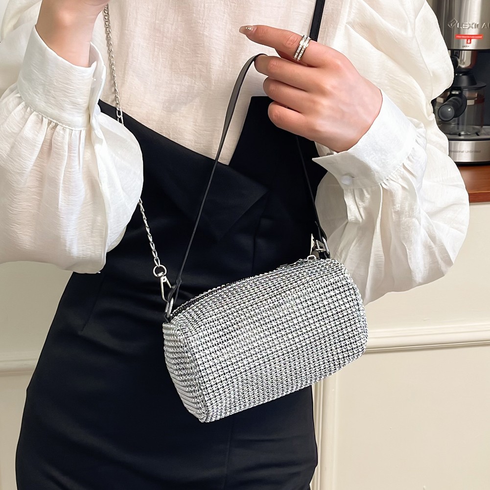 Women Bright Diamond Tote Bag Portable Female Crossbody Purse Bag Chain Zipper Shoulder Letter Bucket Clutch Pouch Handbag 2022