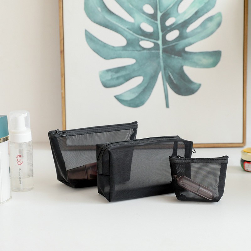 1pc Black Transparent Wash Bags Portable Breathable Trapezoid With Zipper Nylon Travel Mesh Large Capacity Cosmetic Bag