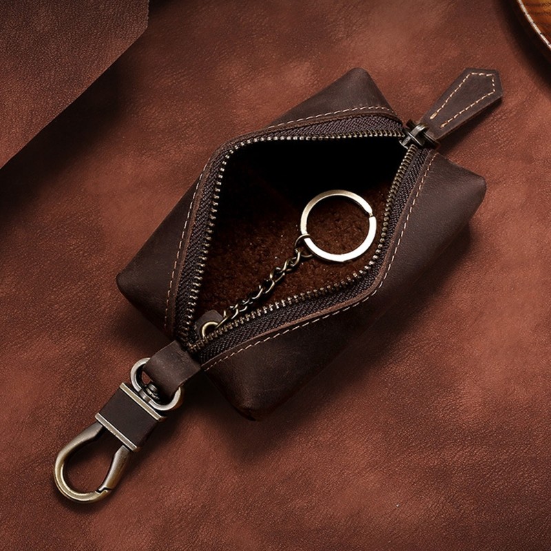 Men Crazy Horse Genuine Leather Key Wallet Coin Card Holder Money Bag With Keyring Zipper Pocket Car Mini Key Holder Purse