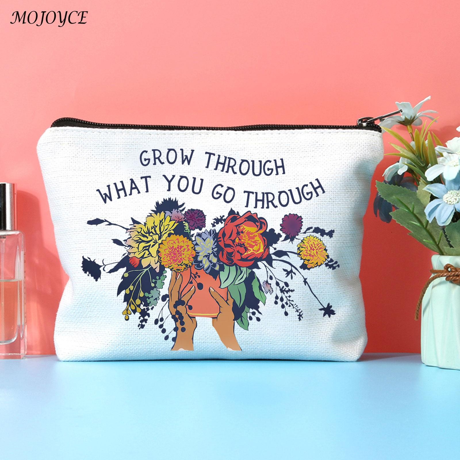 Women Teacher Flower Printed Cosmetic Bag Canvas Zipper Travel Toiletry Bag Swanky Bag Portable Make Up Bags Style for Travel