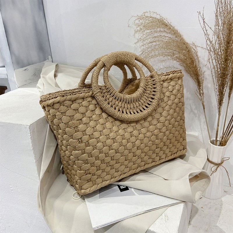 bohemian women summer beach woven straw handbag with round top handle travel vacation weave zipper large top basket bag