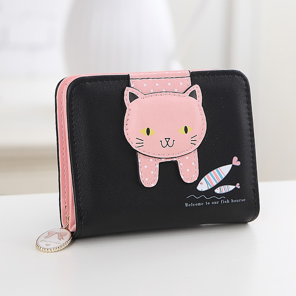 Card Portable Hasp Coin Zipper Closure Gift Cute Cat Money Folding Short PU Leather Cartoon Women Wallet