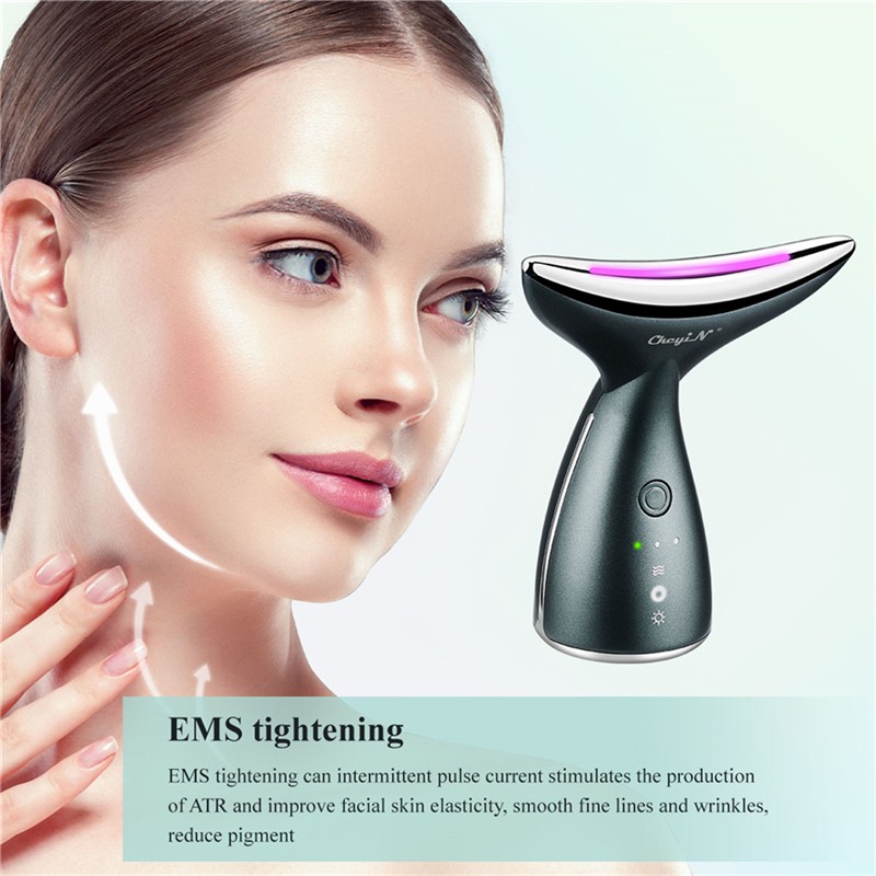 CkeyiN Microcurrent Neck Face Lift Machine 3 Color LED Photon Heating Therapy EMS Vibration Facial Slimmer Anti Wrinkle Massager