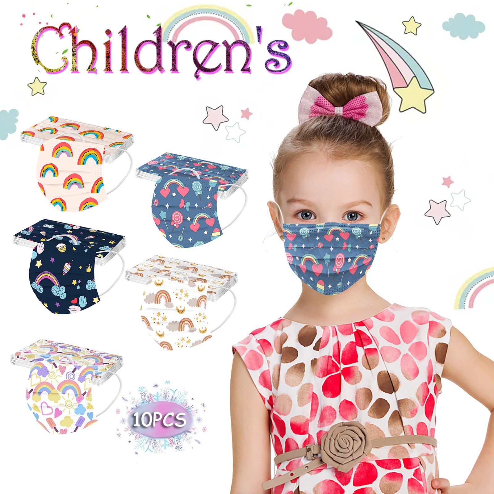 10pcs Children Mask Disposable Rainbow Face Mask 3 Layer Protective Face Masks Disposable Earpiece Mask