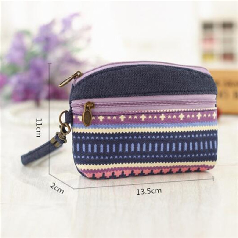 Women Ethnic Cotton Fabric Coin Purse Clutch Card Key Holder Children Kids Wallet Double Zipper Coin Purse porte monnaie femme