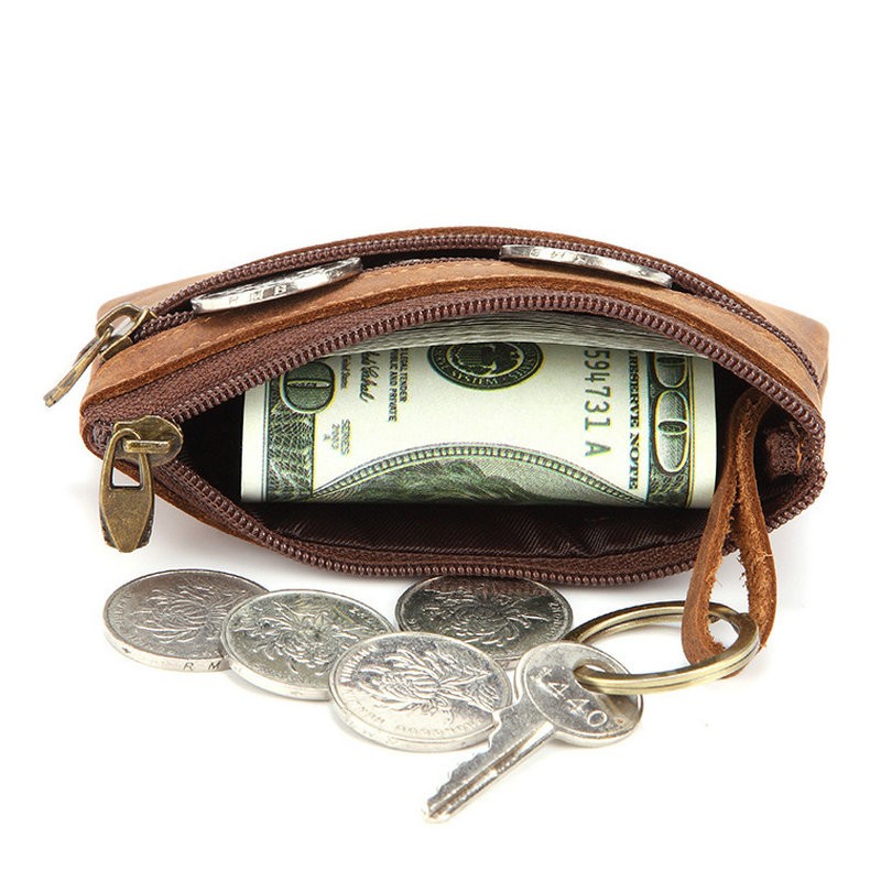 GENODERN Vintage Crazy Horse Leather Men Coin Purse Genuine Leather Zipper Coin Wallet Retro Key Holder Clutch Money Bag