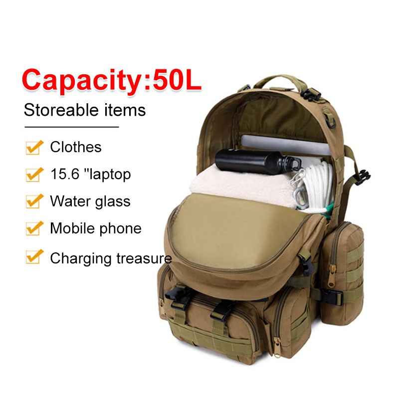 50L tactical backpack, men's military backpack, 4 in 1 molle sport utility bag, outdoor hiking climbing army backpack camping bags