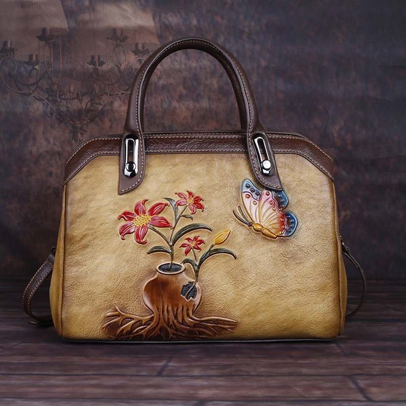 OYIXINGER Vintage Women Bag Genuine Leather Retro Women Shoulder Bags China Style Handmade Ladies Handbag Embossed Boston Bags