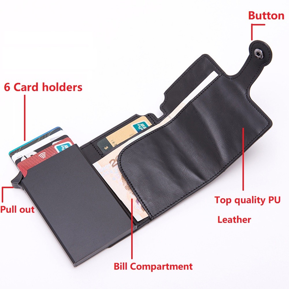 Pop Up Rfid Black Wallet ID Card Case Men Rfid Button Credit Card Holder High Quality Metal Aluminum Auto Coin Purse