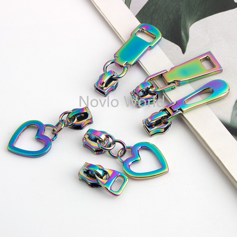 10-50-100pcs 11 types 5# iridescent rainbow metal nylon head teeth zipper puller slider for clothes purse bag accessories