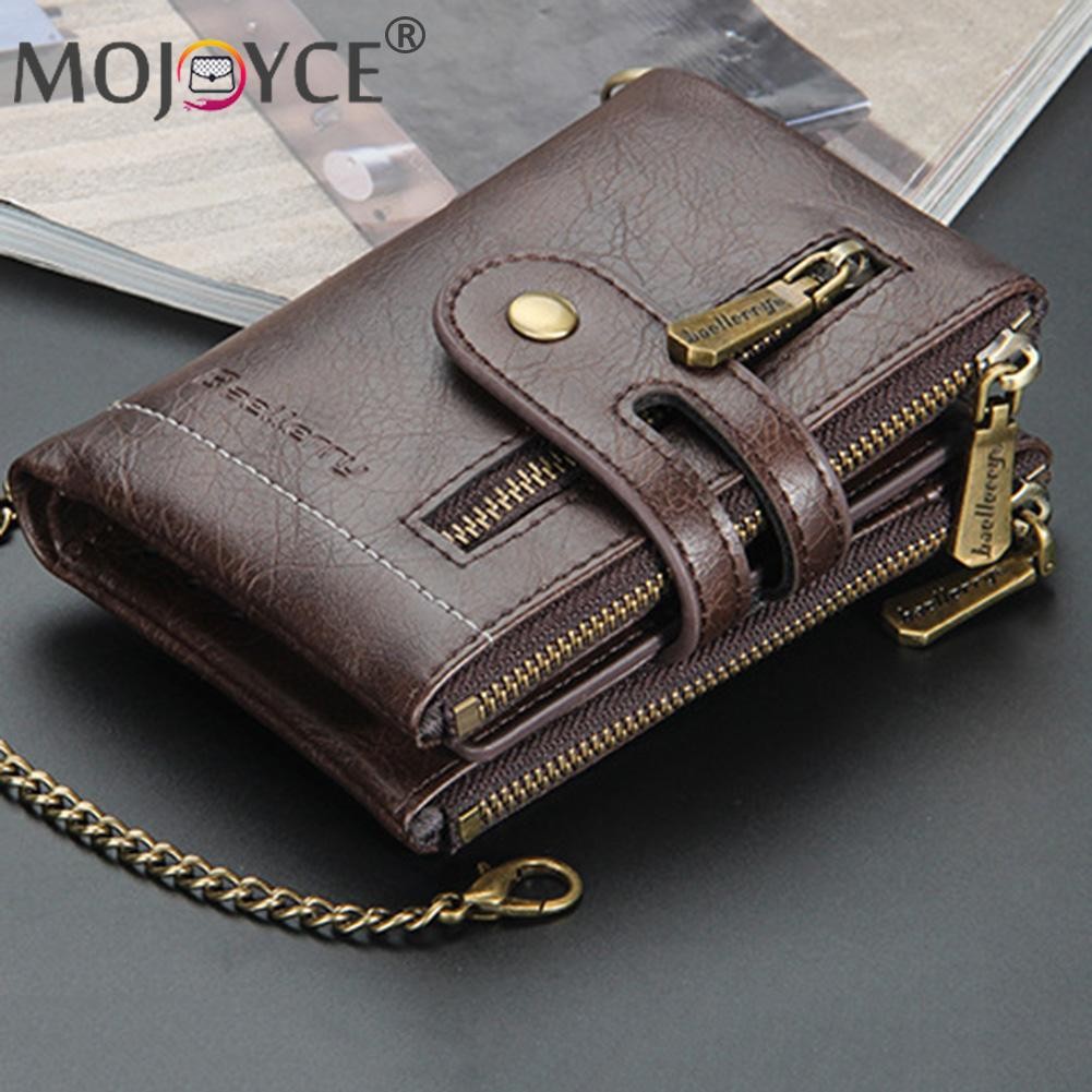 Retro Men Double Zipper Portable Mini Wallet Multi Slot Card Holder Small Wallet With Chain Fashion Solid Color PU Leather Burse