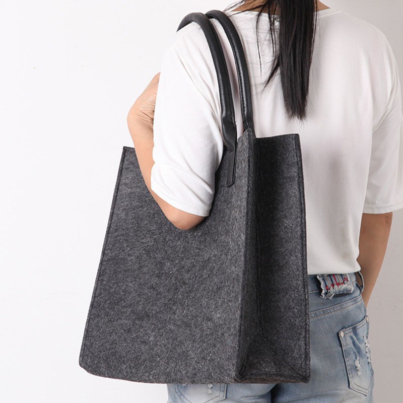 100pcs/lot Ladies Simple Fashionable Felt Shopping Tote Bag With Solid Leather Handles Leisure Wool Bags With Custom Label