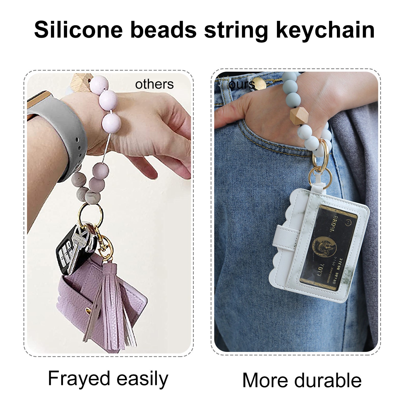 Wristlet purse bracelet keychain card holder pocket with elastic beaded keyring tassel, portable home car keys ring holder