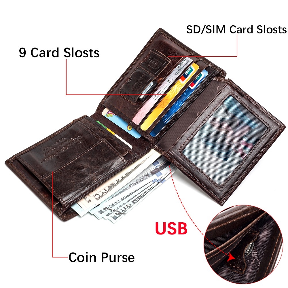 Smart Anti-lost Wallet Compatible Leather Short Credit Card Holders Male Coin Purse Genuine Leather Men Wallets Free Engraving