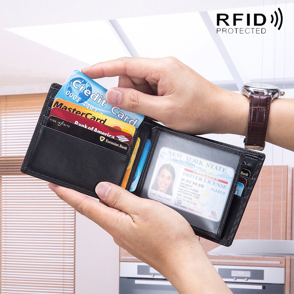 Rfid - Genuine Leather Carbon Fiber Wallet for Men, Genuine Leather Men Wallet with Card Holder, Small Wallet, Black Wallet