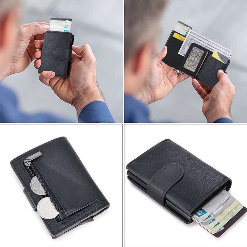 DIENQI - Leather & Leather Business Card Holder for Men with Rfid Lock, Pocket Case, Smart Wallet