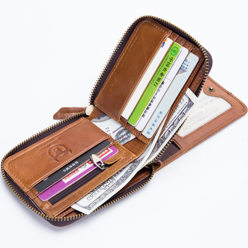 Genuine Leather Men Wallets Small Coin Pocket Wallet Retro Zipper Wallet Cowhide Leather Card Holder Pocket Wallet Men Wallets