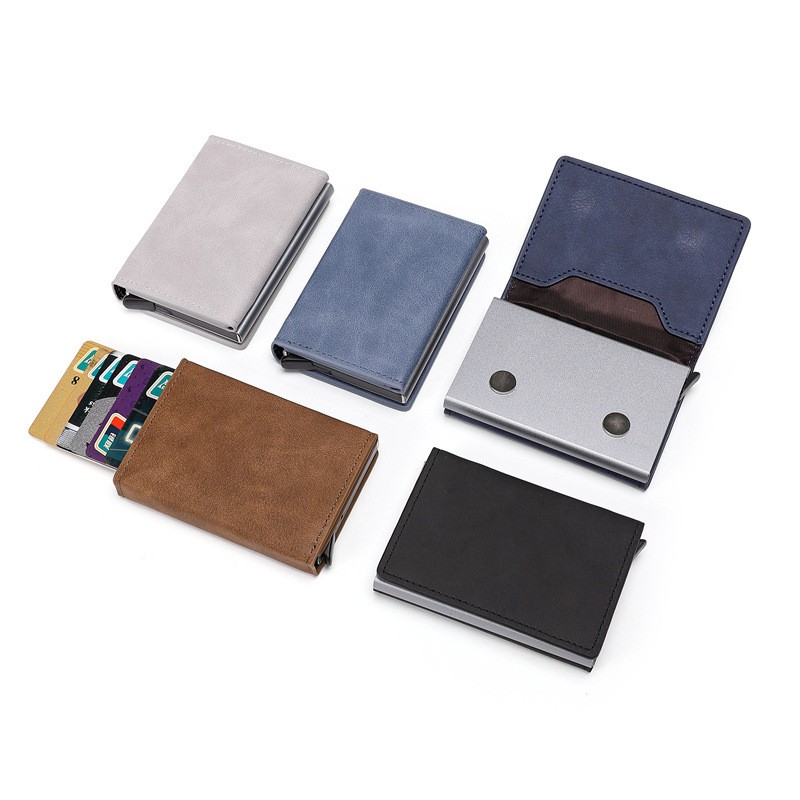 Anti theft brush RFID metal automatic pop-up credit card box business three fold portable wallet card set card bag