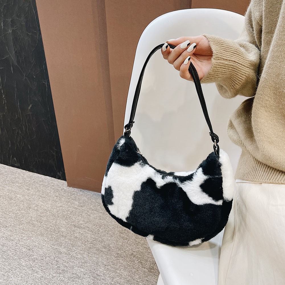 Women Soft Plush Shoulder Bags Cow Print Hobo Bags Female 2021 New Autumn Winter Small Handbag Travel Warm Fluffy Tote Bags