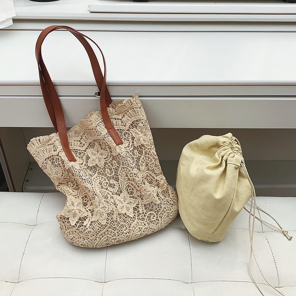 Lace Perforated Shoulder Bag for Women Elegant Beach Bag Large Capacity Composite Collection Summer 2021