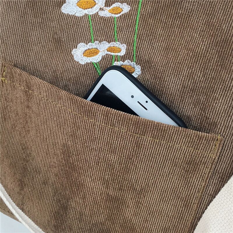 Women Shoulder Bag 2021 Cute Corduroy Tote Bag With Zipper Fashion Girl Shopper Bags Embroidery Mini Bags Daisies Crossbody