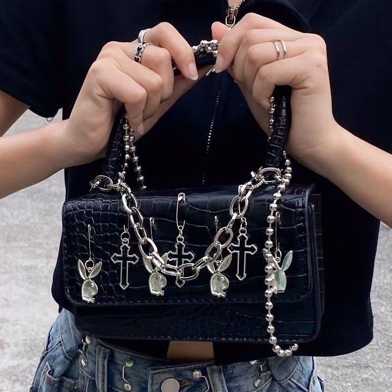 Harajuku Gothic Metal Shoulder Bag Woman Punk Moto Biker Style Female Handbags Cross Paper Clip Dark Rabbit Messenger Bag Purses