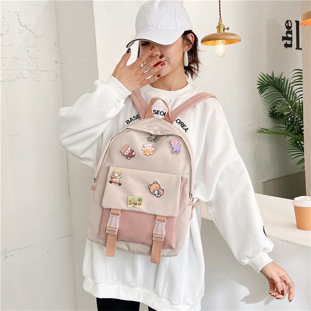 Girls Preppy Style Backpack Contrast Color Student School Pockets Backpack Women Travel Large Capacity Backpack