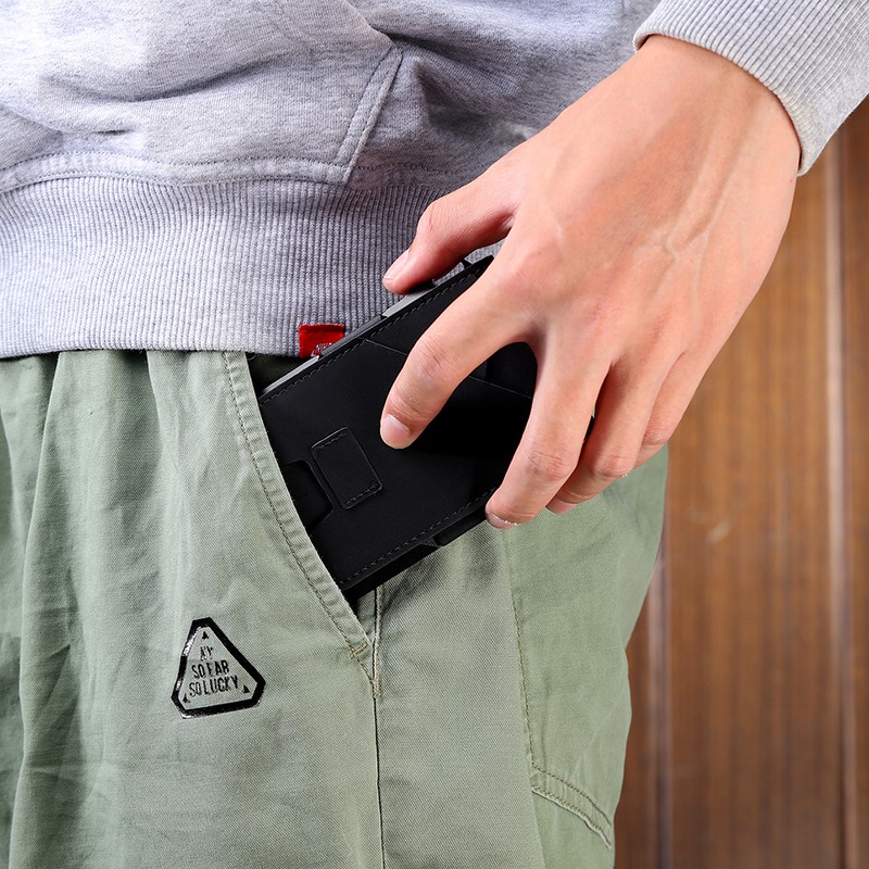 DIENQI RFID Aluminum Metal Wallets Men Card Holder Small Short Magic Wallet Money Bag Vintage Male Treble Leather Magic Wallet